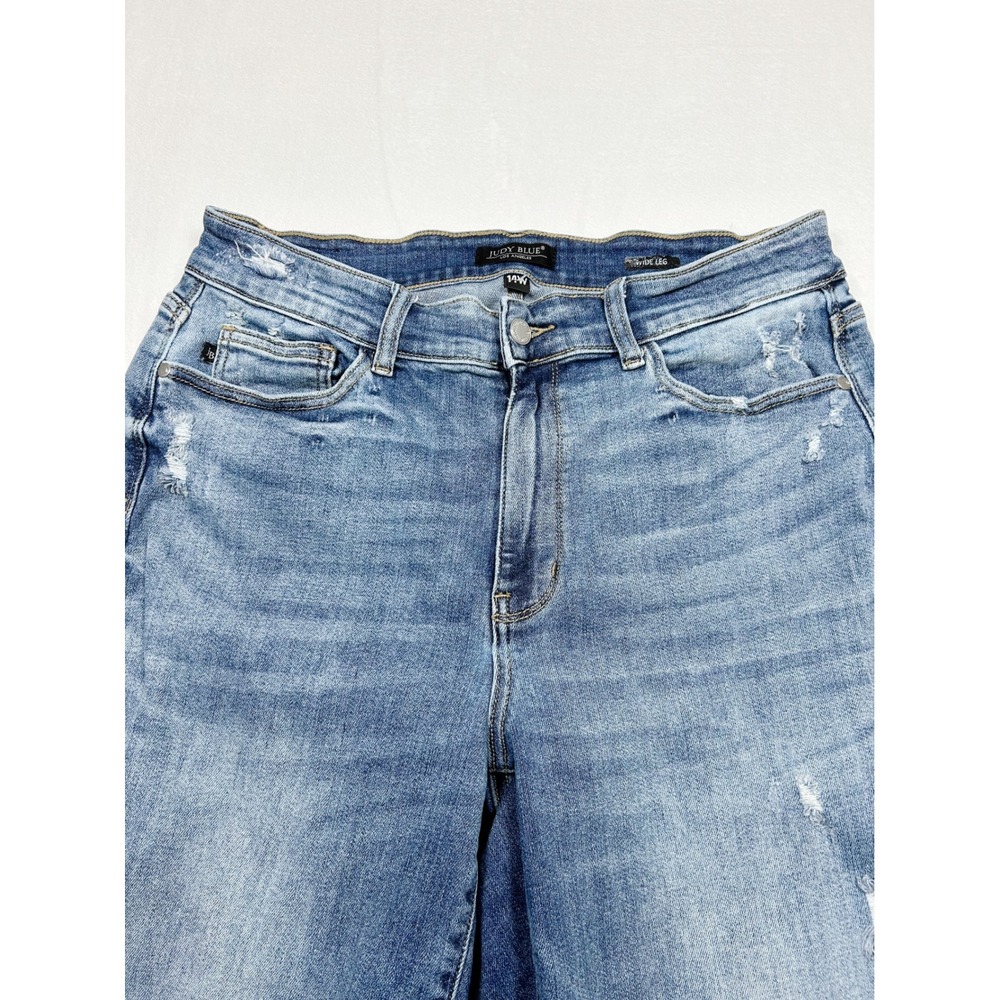 Judy Blue Womens 14W Wide Leg Distressed Raw Hem Jeans Medium Wash Denim